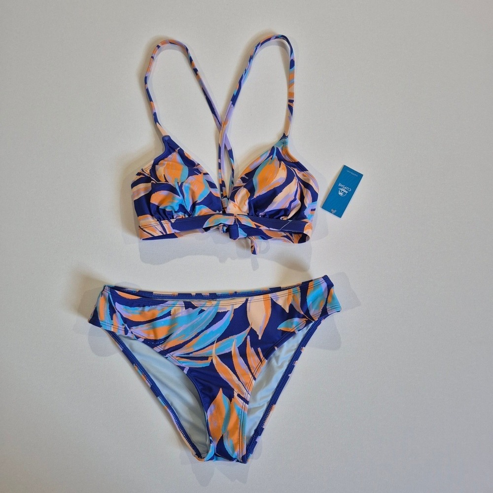 Cupshe Womens Tropical‎ Leaf Print Bikini Set Navy Orange Size S New With Tags